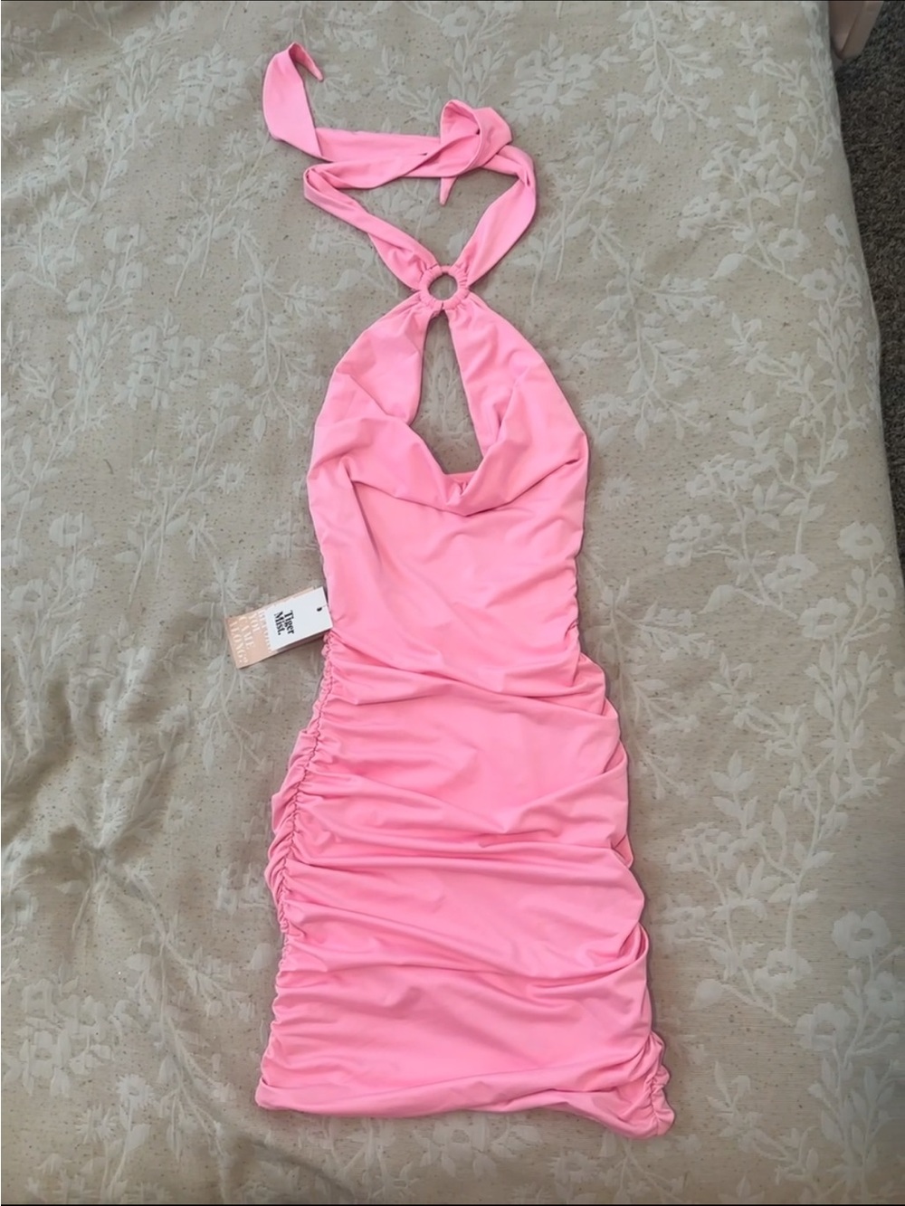 Tiger Mist Pink Halter Ruched Mini Dress - Picture 3 of 7